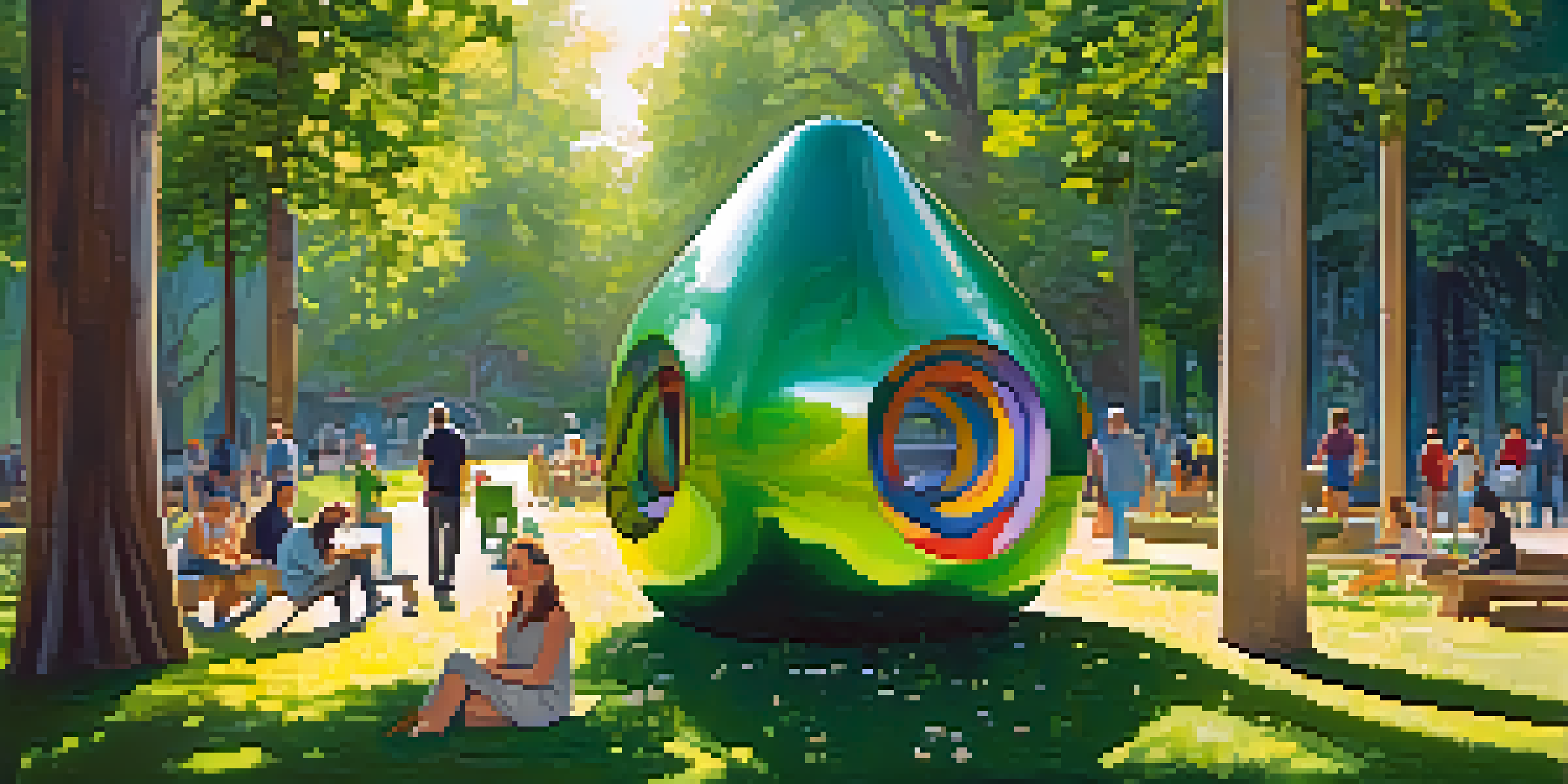 A peaceful park scene showcasing eco-art sculptures made from recycled materials, surrounded by colorful wildflowers and trees, with sunlight filtering through the leaves.