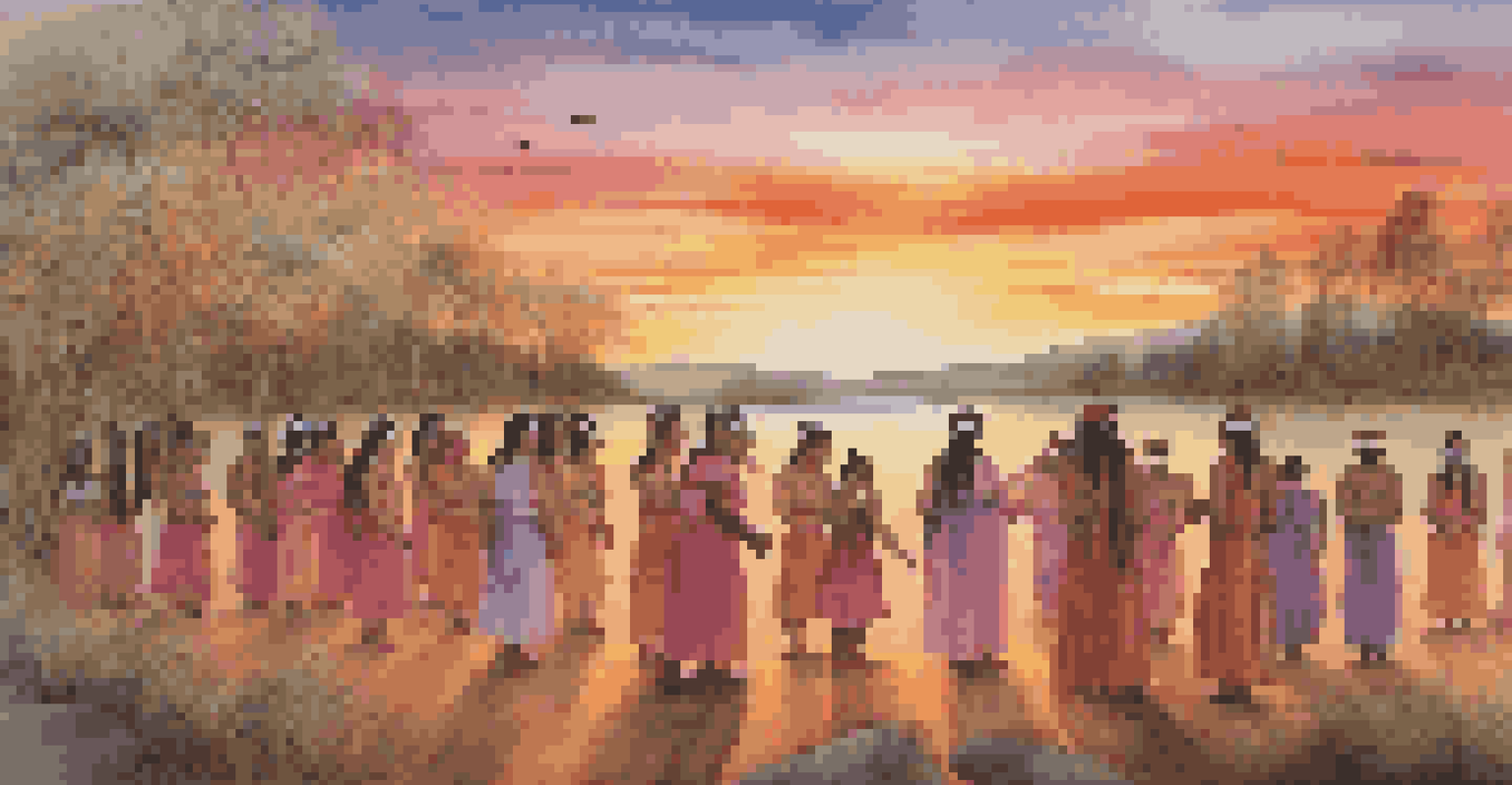 A landscape painting of an indigenous ceremony at sunset, featuring vibrant attire and a warm sky reflecting a connection to nature.