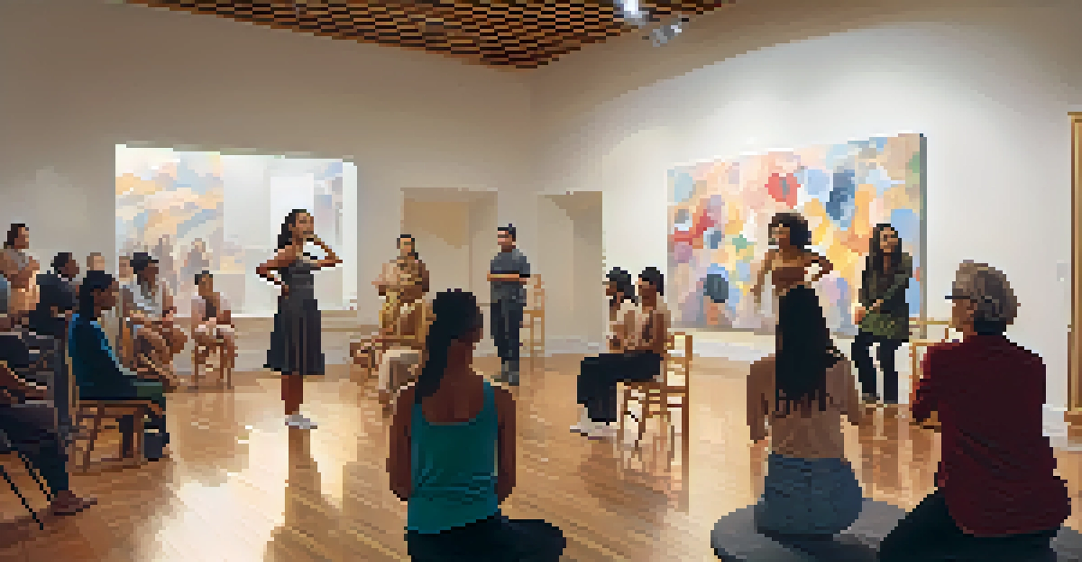 A female artist performing dance art in a warmly lit community space, with an engaged audience and an abstract canvas behind her.