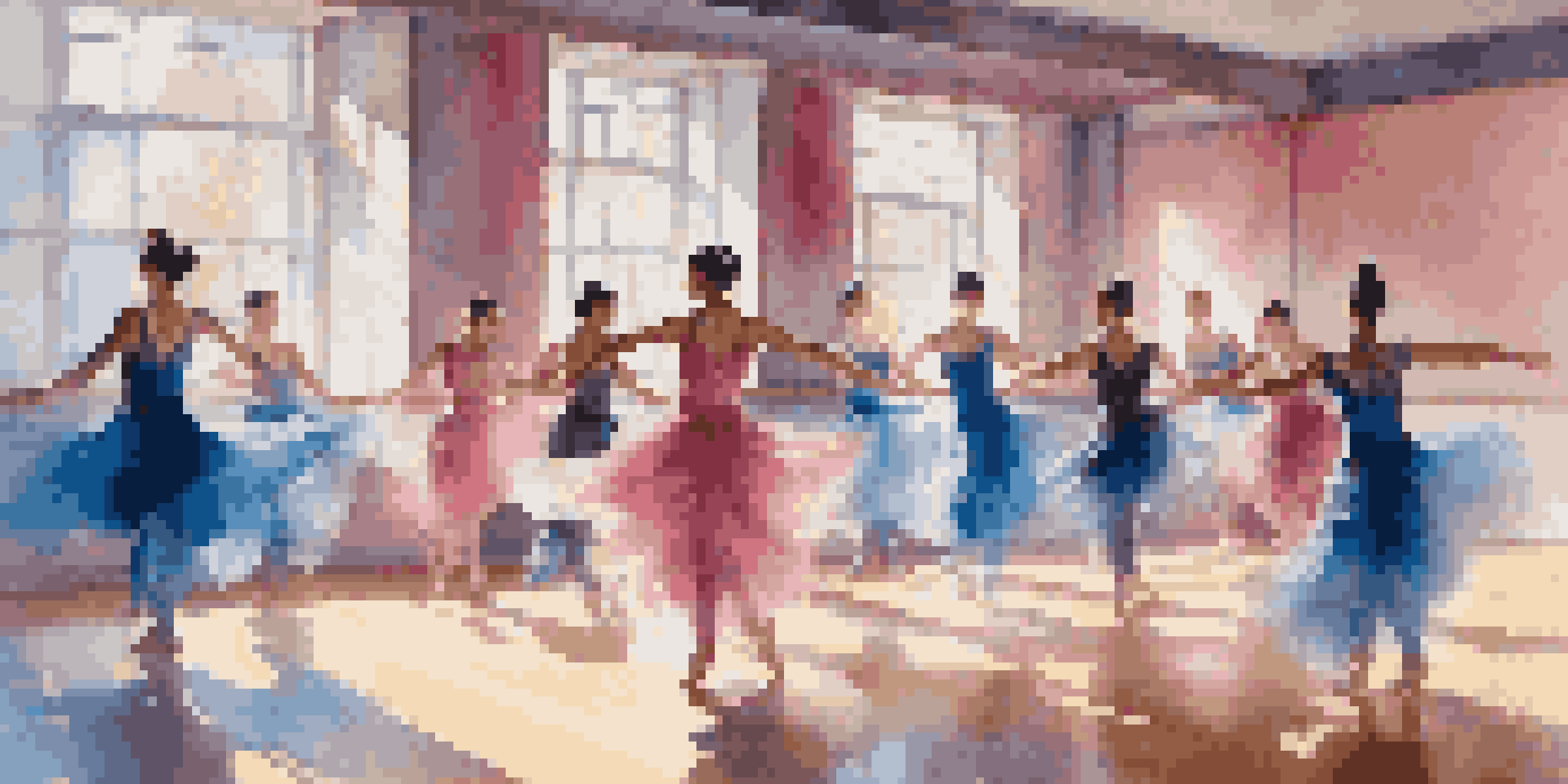 A contemporary dance performance in a bright studio, featuring dancers in flowing costumes that blend masculine and feminine styles, with mirrors reflecting their poses.