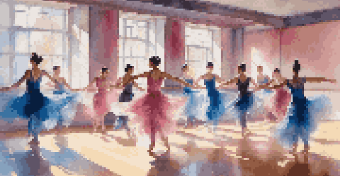 A contemporary dance performance in a bright studio, featuring dancers in flowing costumes that blend masculine and feminine styles, with mirrors reflecting their poses.