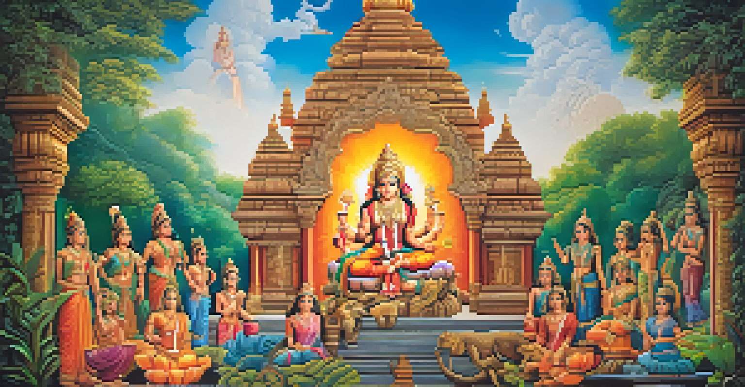 A colorful mural depicting a Hindu mythological scene on a temple wall, surrounded by greenery and illuminated by sunlight.