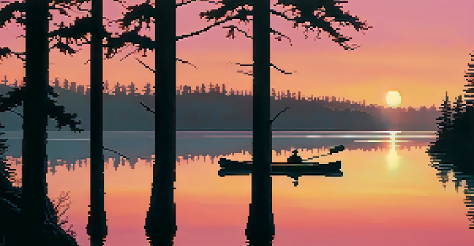 A serene sunset reflecting on a calm lake with silhouettes of trees and a canoe in the foreground.