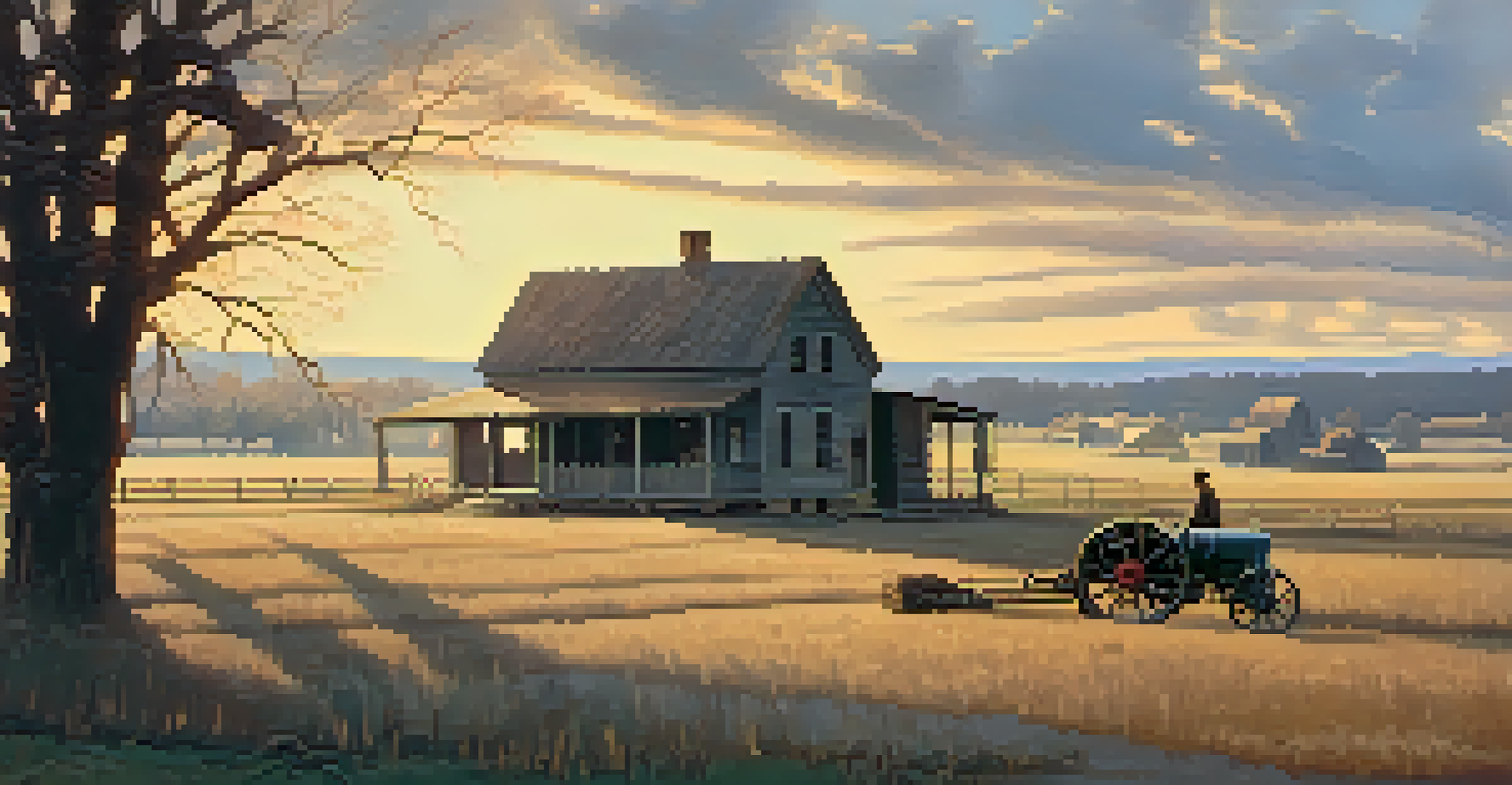 A rural landscape painting showing a farmhouse and a farmer in the fields during the Great Depression, with a soft sunset illuminating the scene.