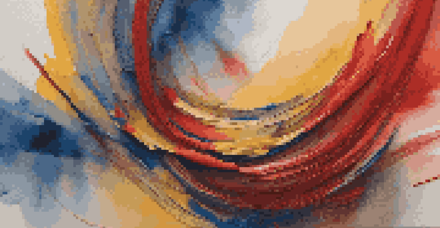 A close-up view of a vibrant abstract painting with bold colors and visible texture, illuminated by soft natural light.