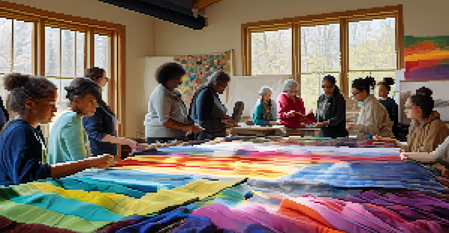 An art workshop featuring young and elder artists collaborating on a vibrant textile piece, with colorful fabrics and warm sunlight illuminating the space.