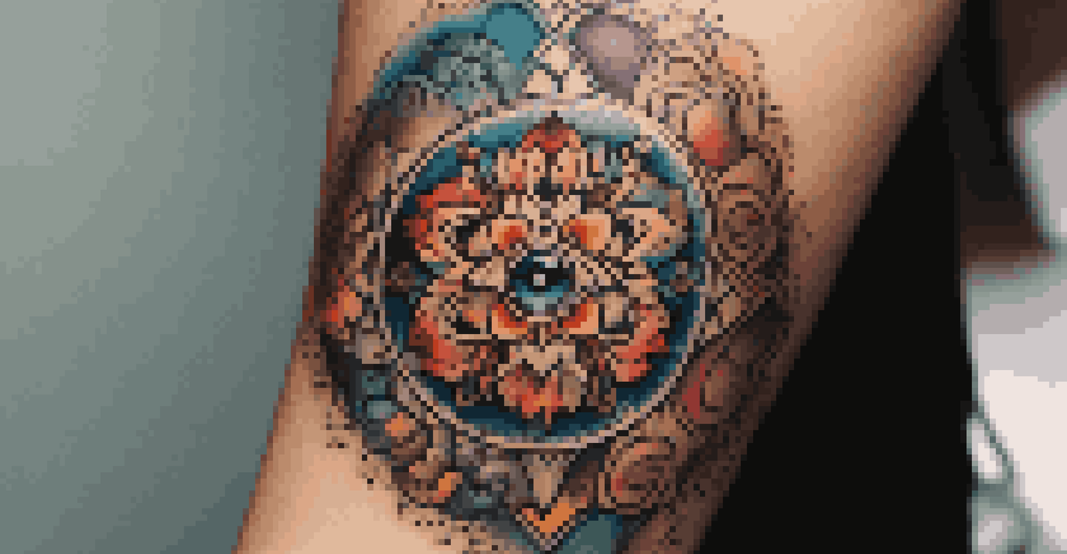 A close-up of a detailed tattoo on a forearm, highlighting intricate designs and vibrant colors against a softly blurred background.