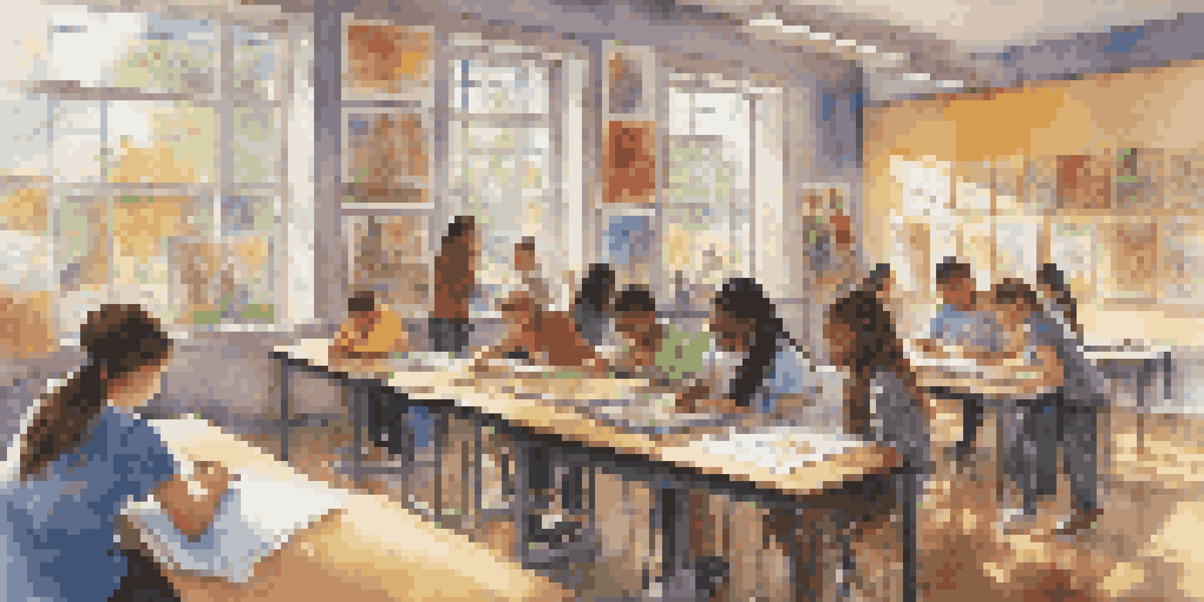 A colorful classroom filled with diverse students engaged in artistic activities, surrounded by their artwork and natural light.