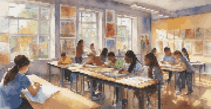 A colorful classroom filled with diverse students engaged in artistic activities, surrounded by their artwork and natural light.