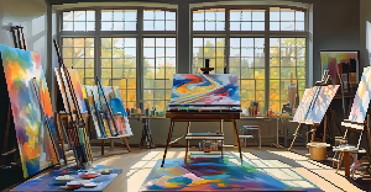 An artist's studio with colorful art supplies, illuminated by soft sunlight, featuring a half-finished abstract painting.