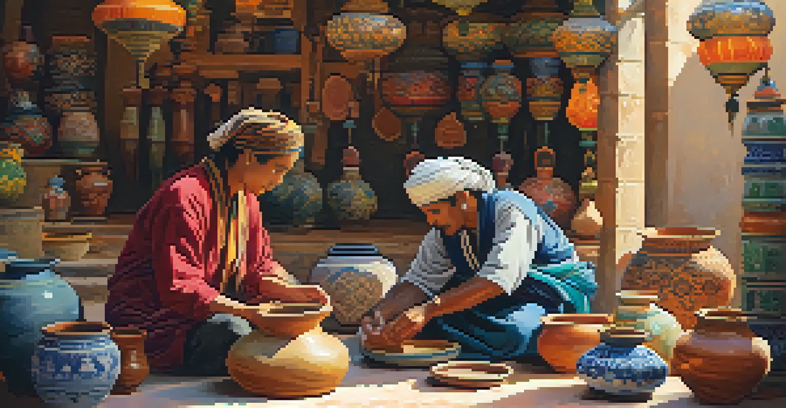 Artisans from different cultures collaborating in a vibrant marketplace, surrounded by colorful crafts and textiles.