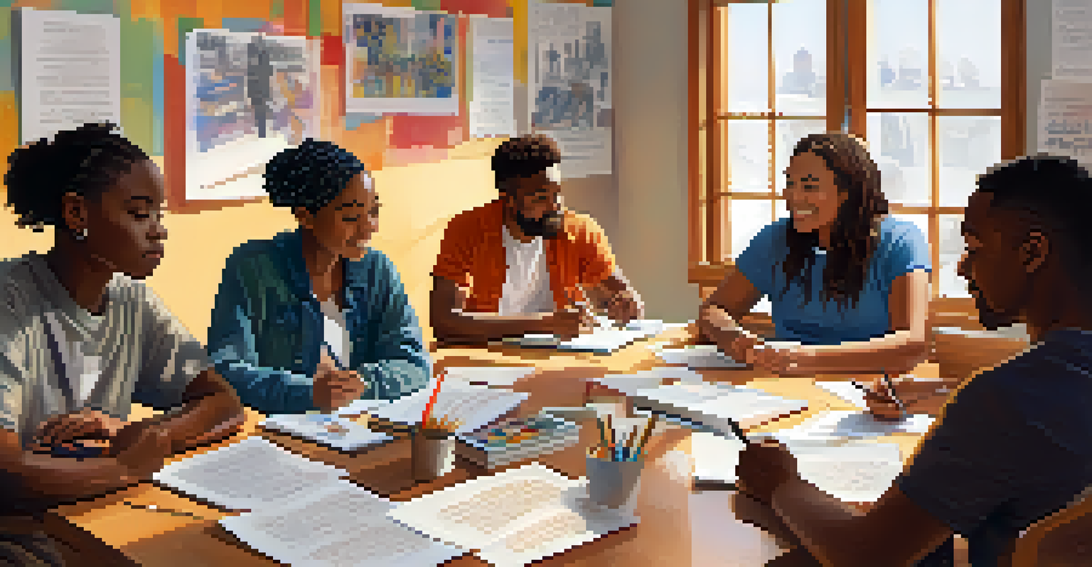 A diverse group of people in a writing workshop, sitting in a circle with notebooks, showing expressions of concentration and joy, in a bright room with inspirational quotes.