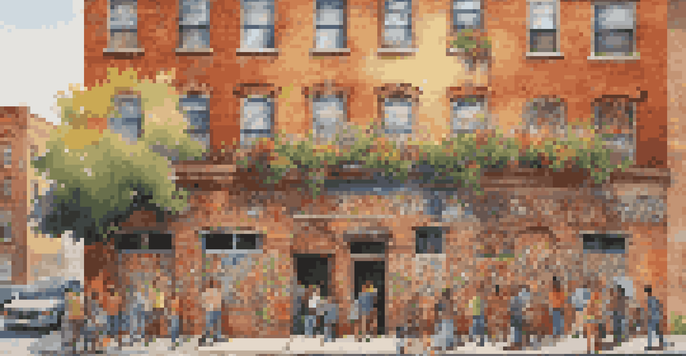 A colorful mural illustrating a community uniting, featuring flowers and cultural symbols on a brick wall, illuminated by sunlight.