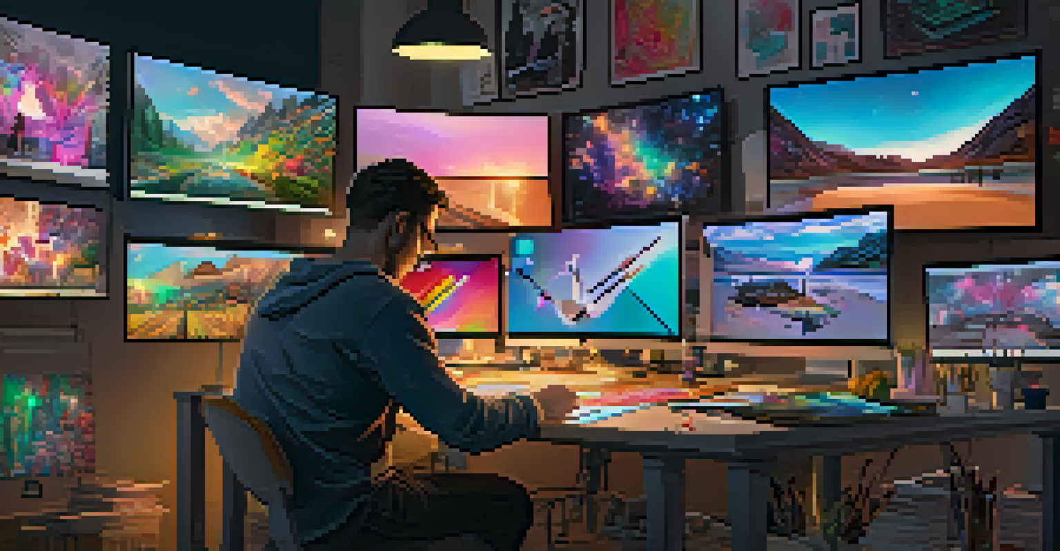 An artist working in a modern digital studio, creating art on a tablet surrounded by colorful displays.