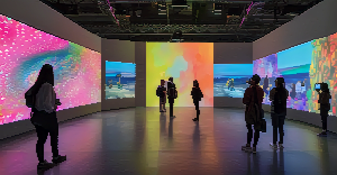 A lively virtual exhibition space with diverse visitors interacting with colorful digital art on large screens.