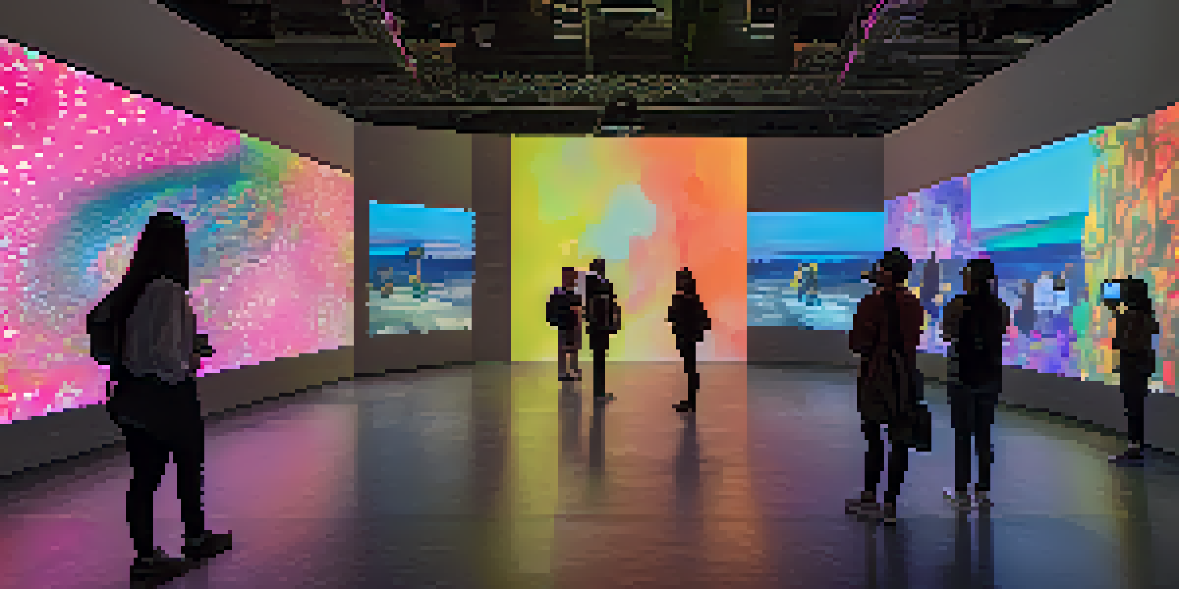 A lively virtual exhibition space with diverse visitors interacting with colorful digital art on large screens.