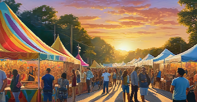 An outdoor art festival with artists from various cultures collaborating on murals under a warm sunset light.