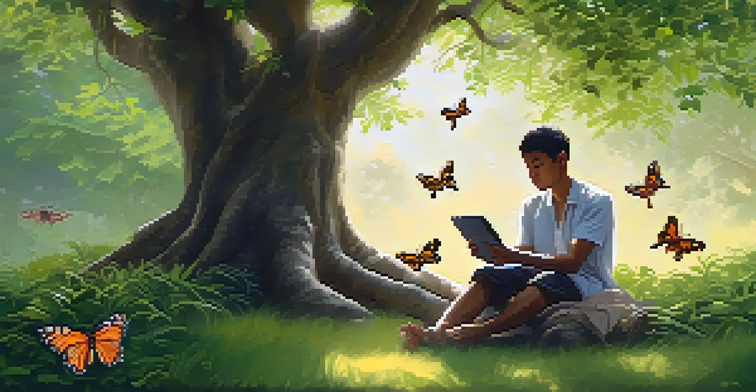 An individual sitting under a tree, sharing their story on a tablet in a peaceful outdoor setting.
