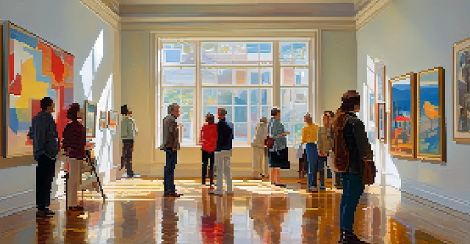 A bright gallery filled with contemporary art, featuring people admiring the artworks and natural light streaming in.