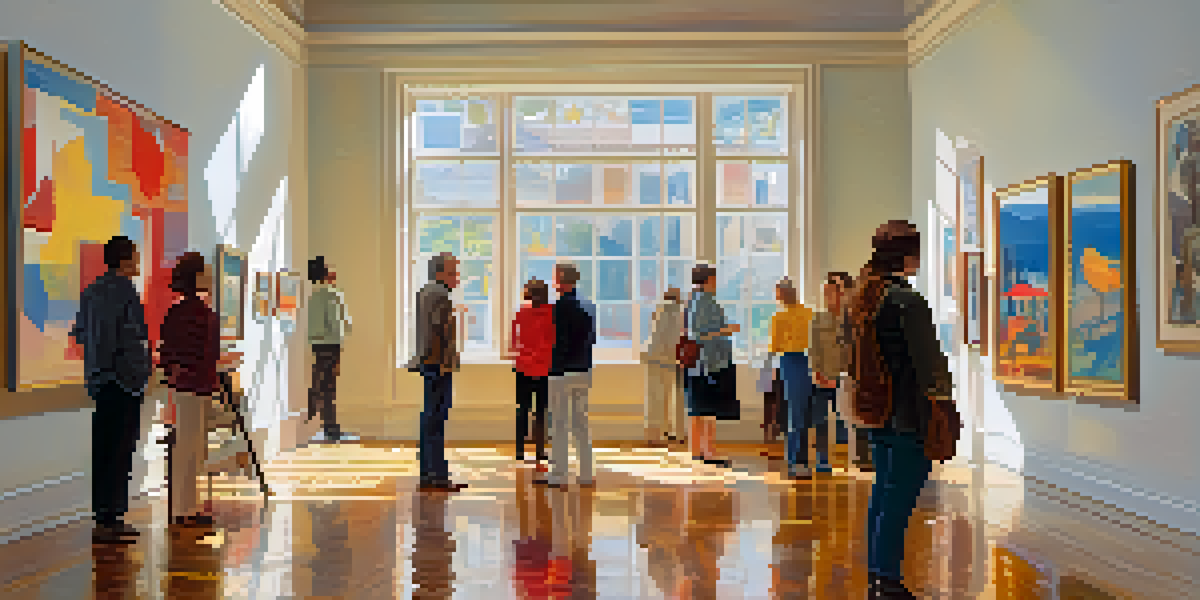 A bright gallery filled with contemporary art, featuring people admiring the artworks and natural light streaming in.
