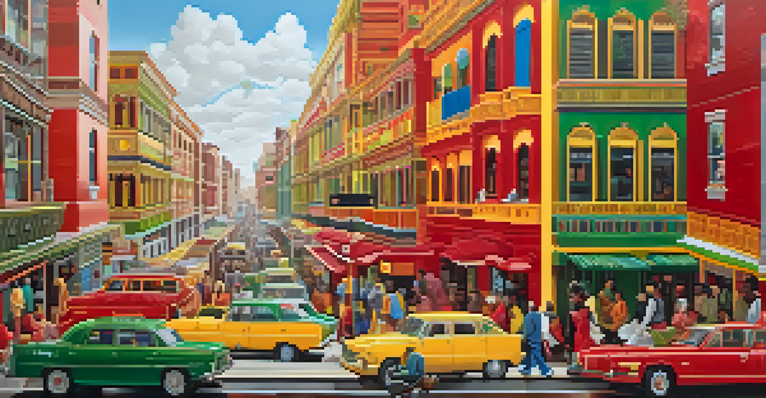 A colorful mural with intricate shapes and lines illustrating a community story.