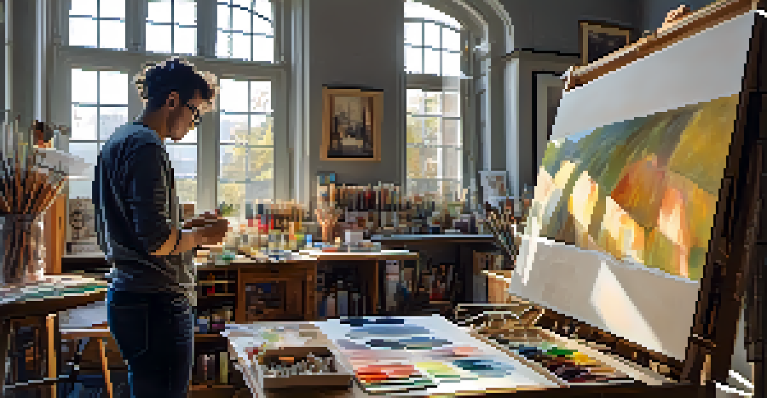 An artist focused on painting in a studio filled with art supplies and cultural artifacts, with sunlight illuminating the space.