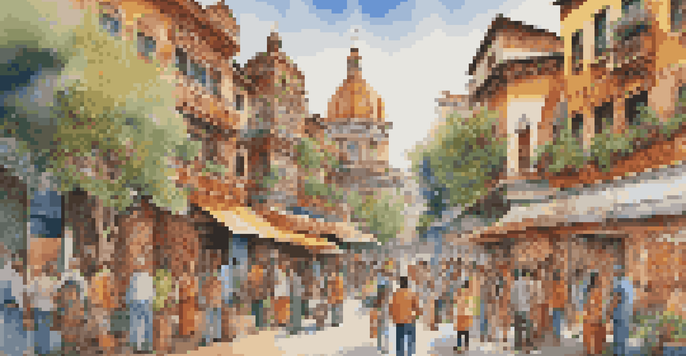 A colorful mural representing cultural heritage with diverse people interacting in an urban environment.