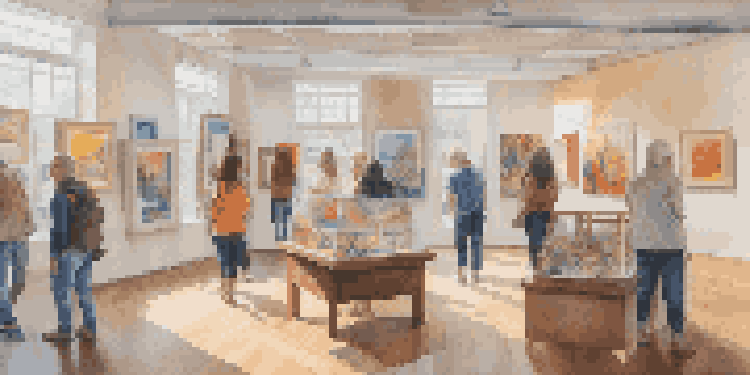 A lively art gallery showcasing diverse artworks and people interacting with the pieces, illuminated by natural light.
