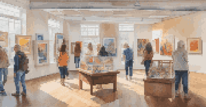 A lively art gallery showcasing diverse artworks and people interacting with the pieces, illuminated by natural light.