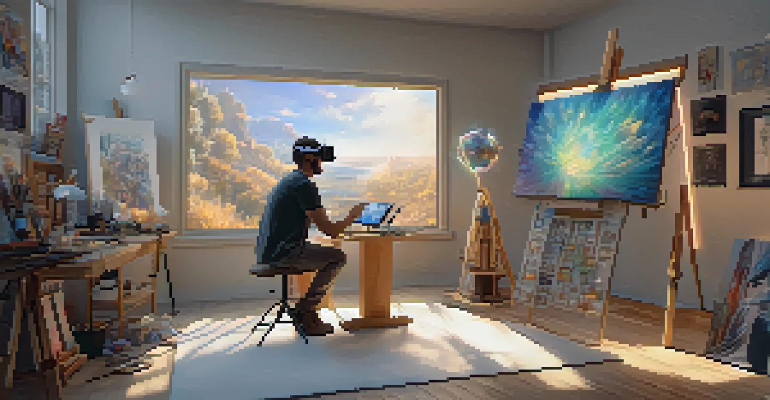 An artist in a studio using VR to interact with a glowing 3D sculpture, surrounded by traditional art supplies.