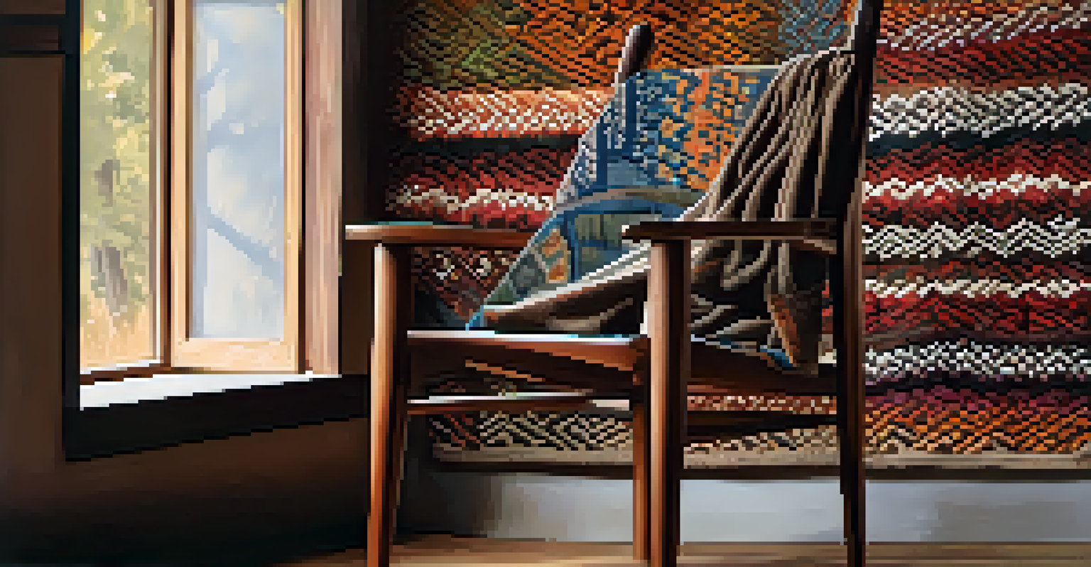 A close-up of a handwoven blanket on a rustic wooden chair, showcasing intricate patterns and rich colors in soft natural light.