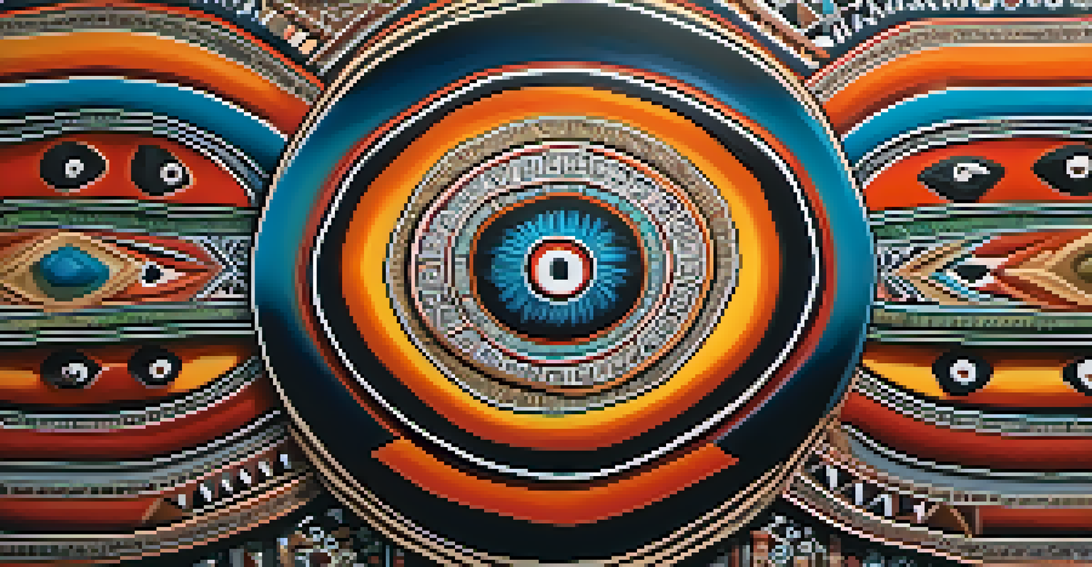 A detailed view of an Indigenous art piece with intricate carvings and vibrant colors, focusing on its textures.