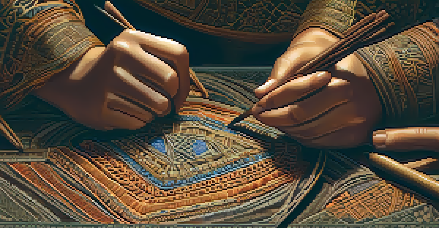Close-up of diverse hands creating traditional crafts, showcasing intricate patterns and textures in warm lighting.