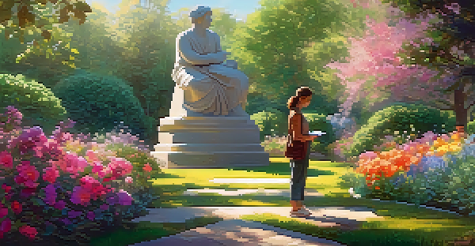 A person sculpting an abstract statue in a beautiful digital garden filled with colorful flowers and sunlight.