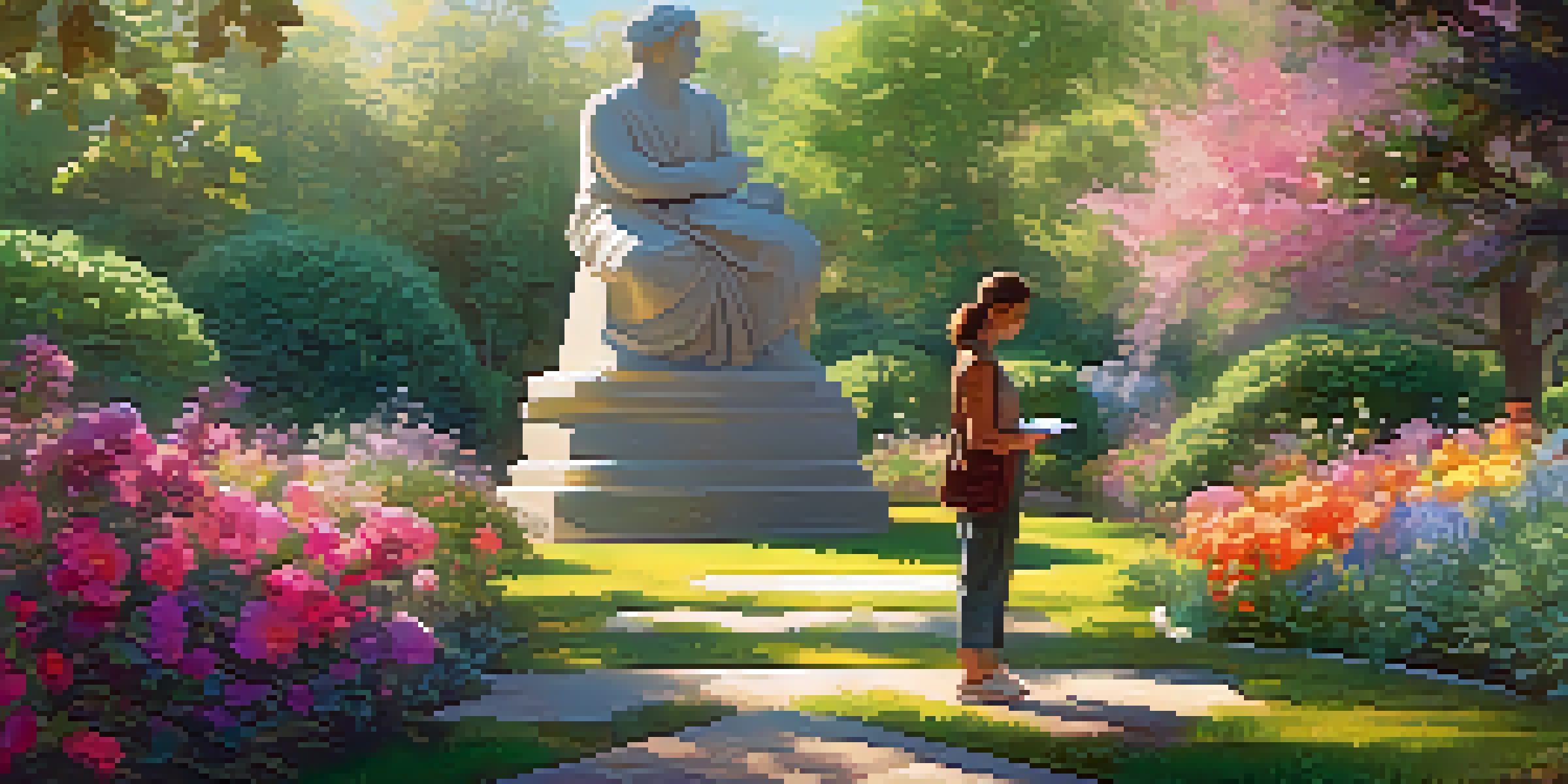 A person sculpting an abstract statue in a beautiful digital garden filled with colorful flowers and sunlight.