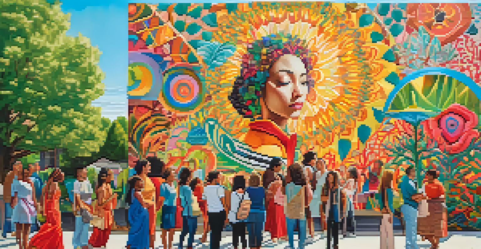 A colorful outdoor mural created by a female artist, with people admiring it in a vibrant green park.