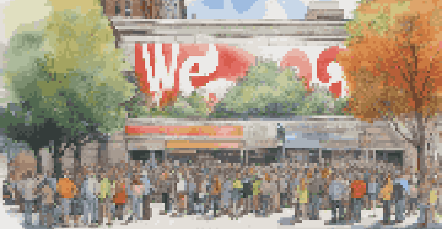 People admiring a political graffiti mural with the text 'We Are the 99%' in an urban area.