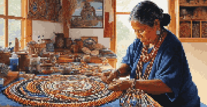 A middle-aged indigenous woman creating intricate beadwork at a wooden table, surrounded by colorful beads and traditional tools, with natural light illuminating her work.