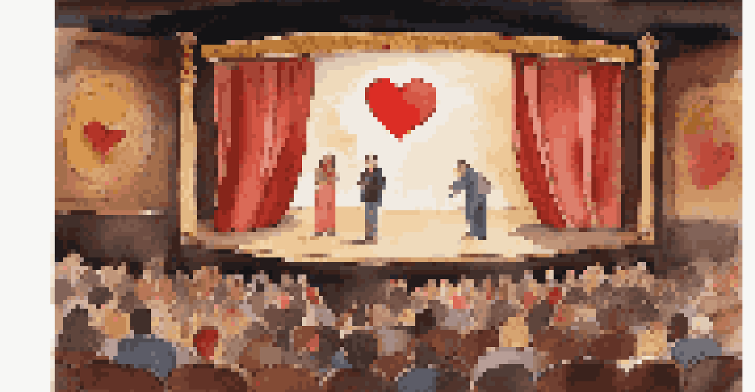 Actors on stage performing a play about mental health, surrounded by artistic symbols and warm lighting.