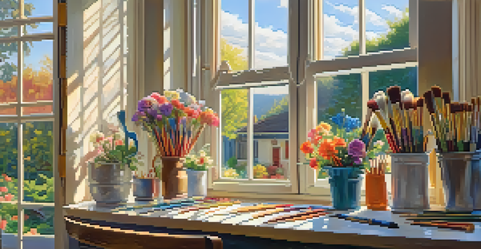An artist's studio filled with colorful paintbrushes and canvases, illuminated by golden sunlight, with a view of a vibrant garden outside.