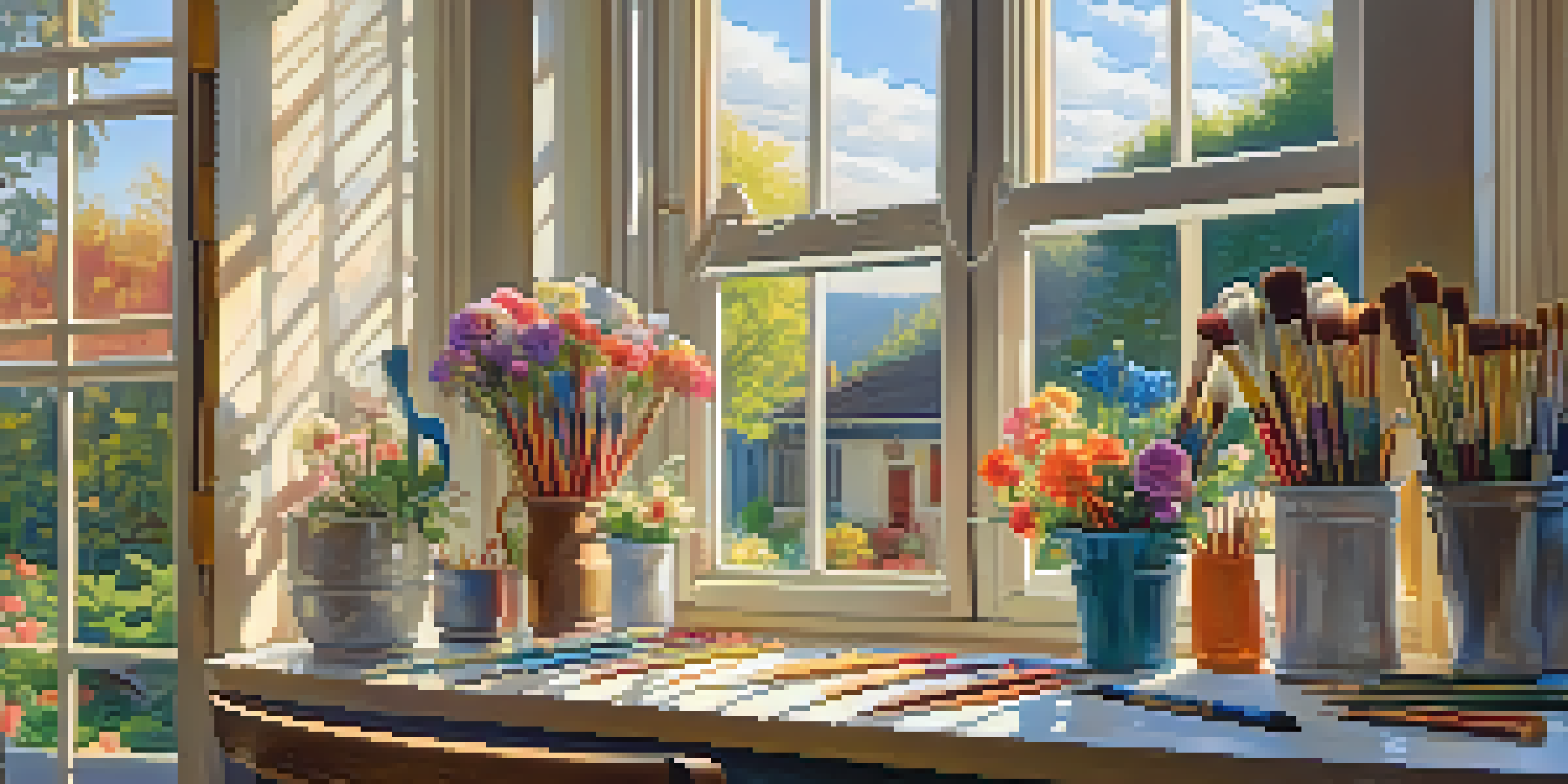 An artist's studio filled with colorful paintbrushes and canvases, illuminated by golden sunlight, with a view of a vibrant garden outside.