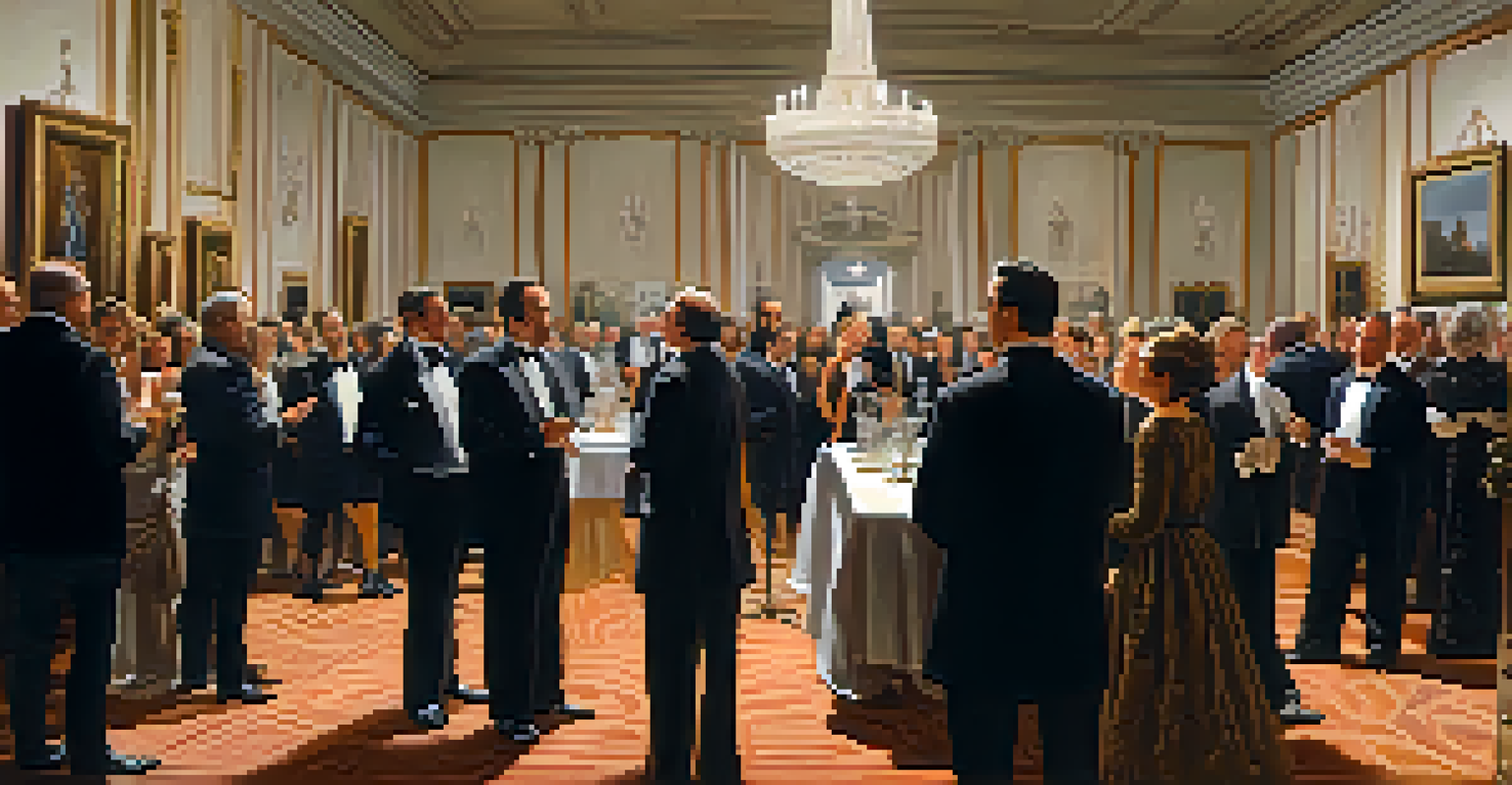 An elegant art auction scene with collectors bidding on a classic painting amid luxurious decor.