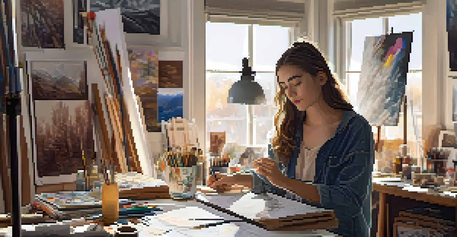 A young artist receiving mentorship in a bright studio filled with art supplies and sketches.