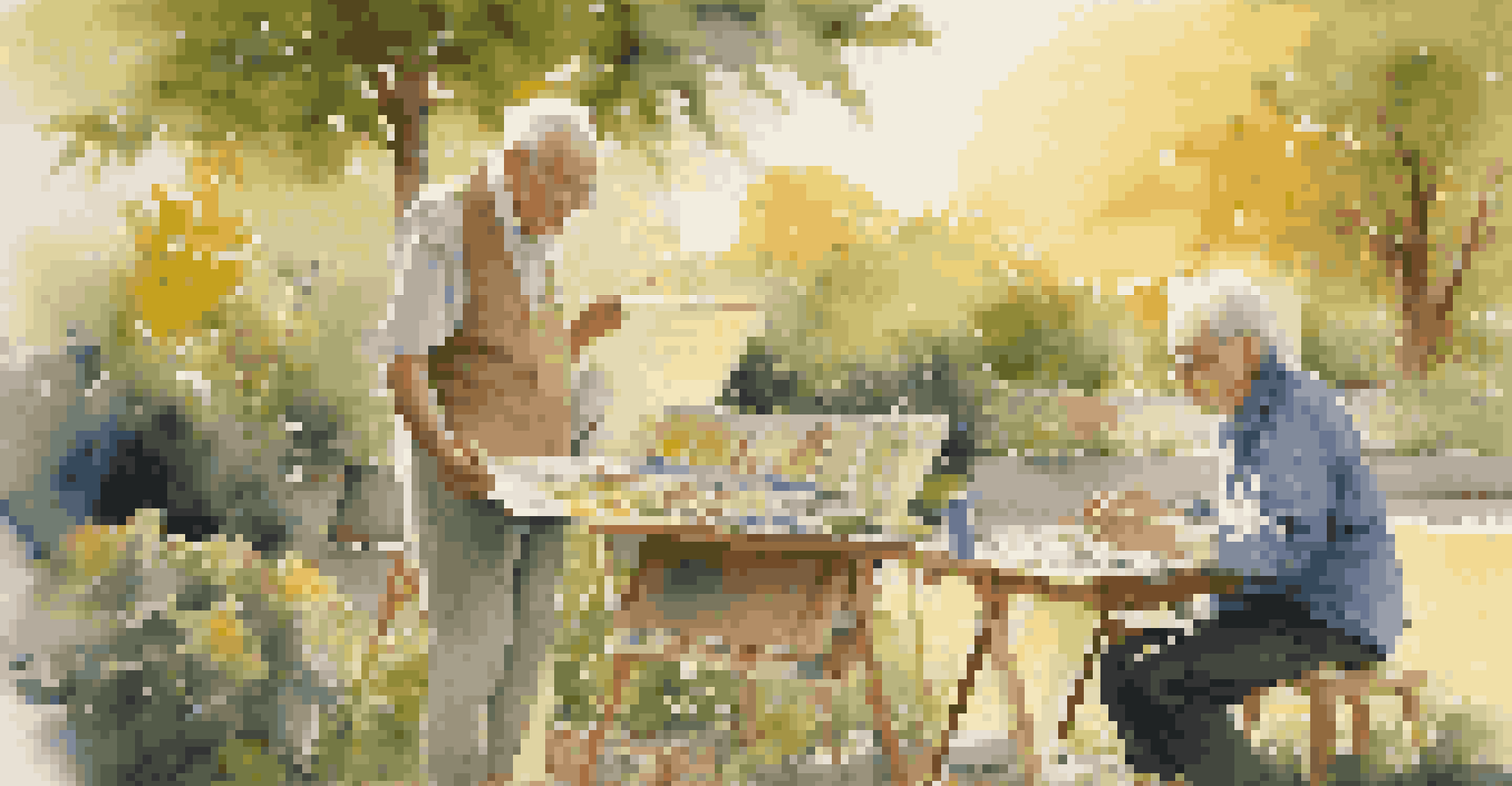 An elderly artist mentoring a young student in an outdoor art workshop surrounded by easels in a garden.