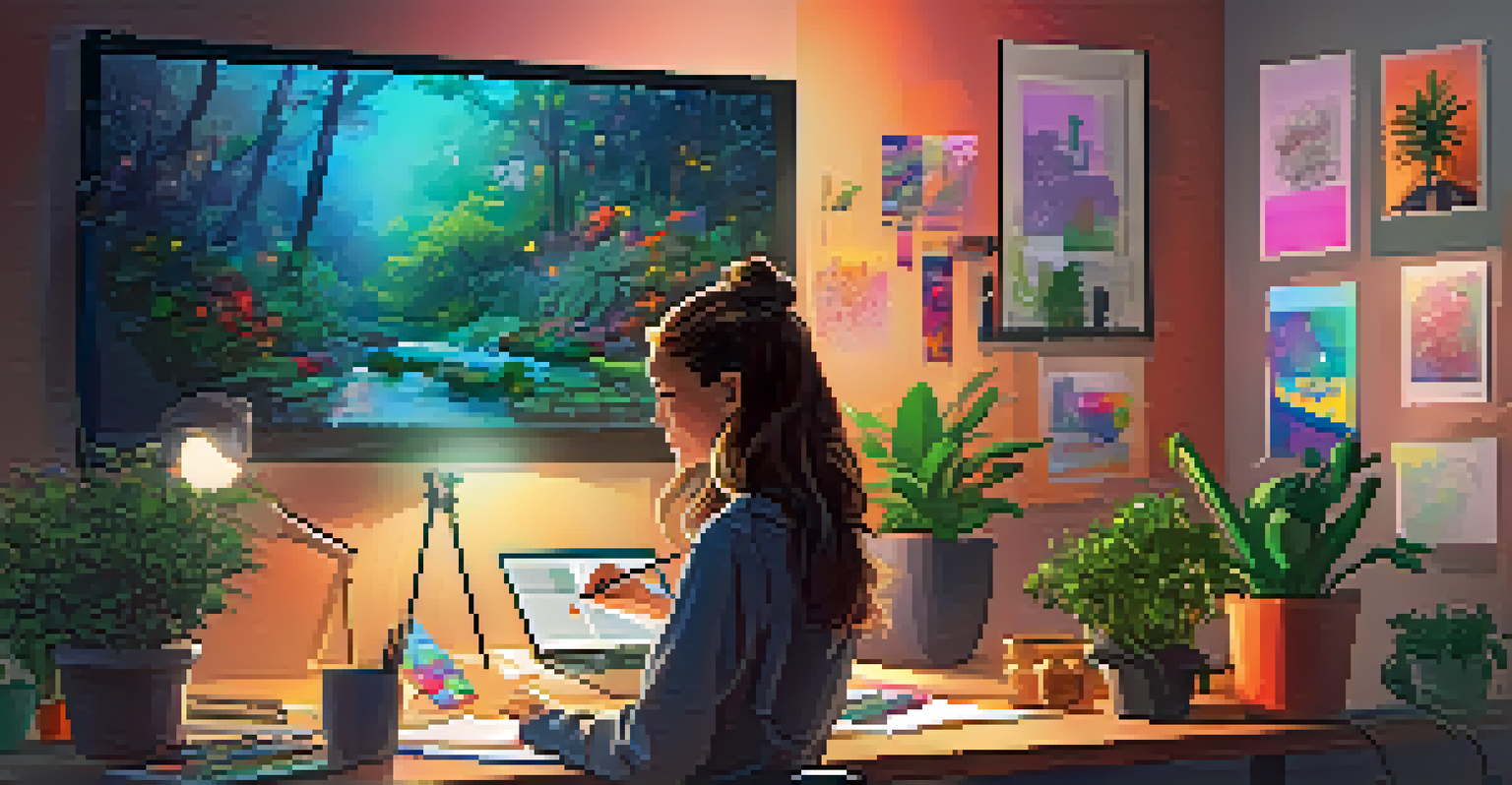 An artist creating a digital painting in a modern studio, surrounded by colorful sketches and art supplies, under soft lighting.