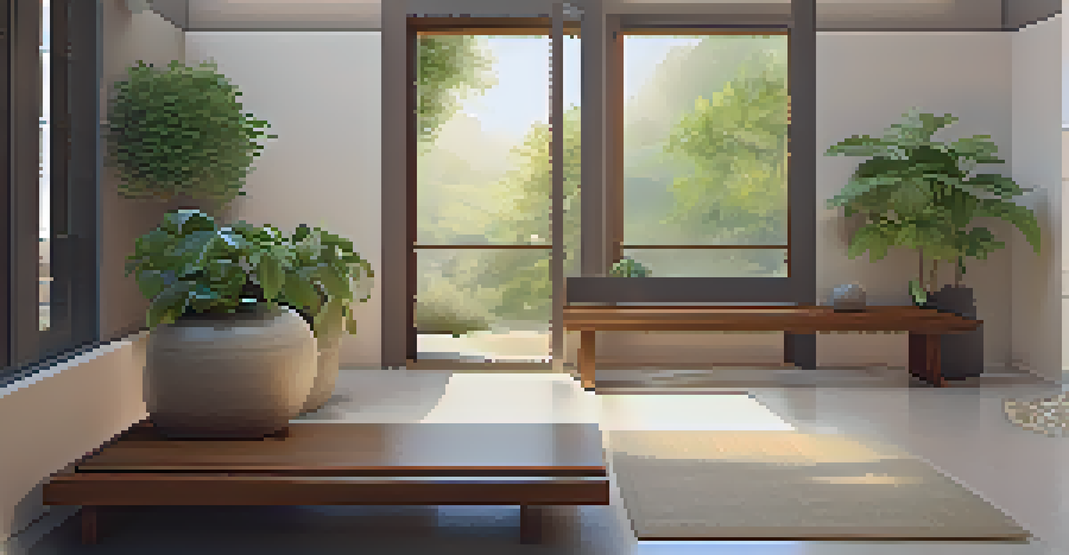A quiet reflection area in a healing space with a comfortable bench, ambient lighting, and culturally representative art on the walls.