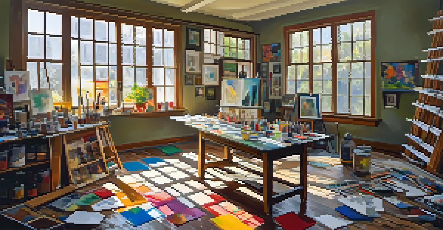 A lively artist's studio with colorful canvases, paint supplies, and sunlight streaming through a window.