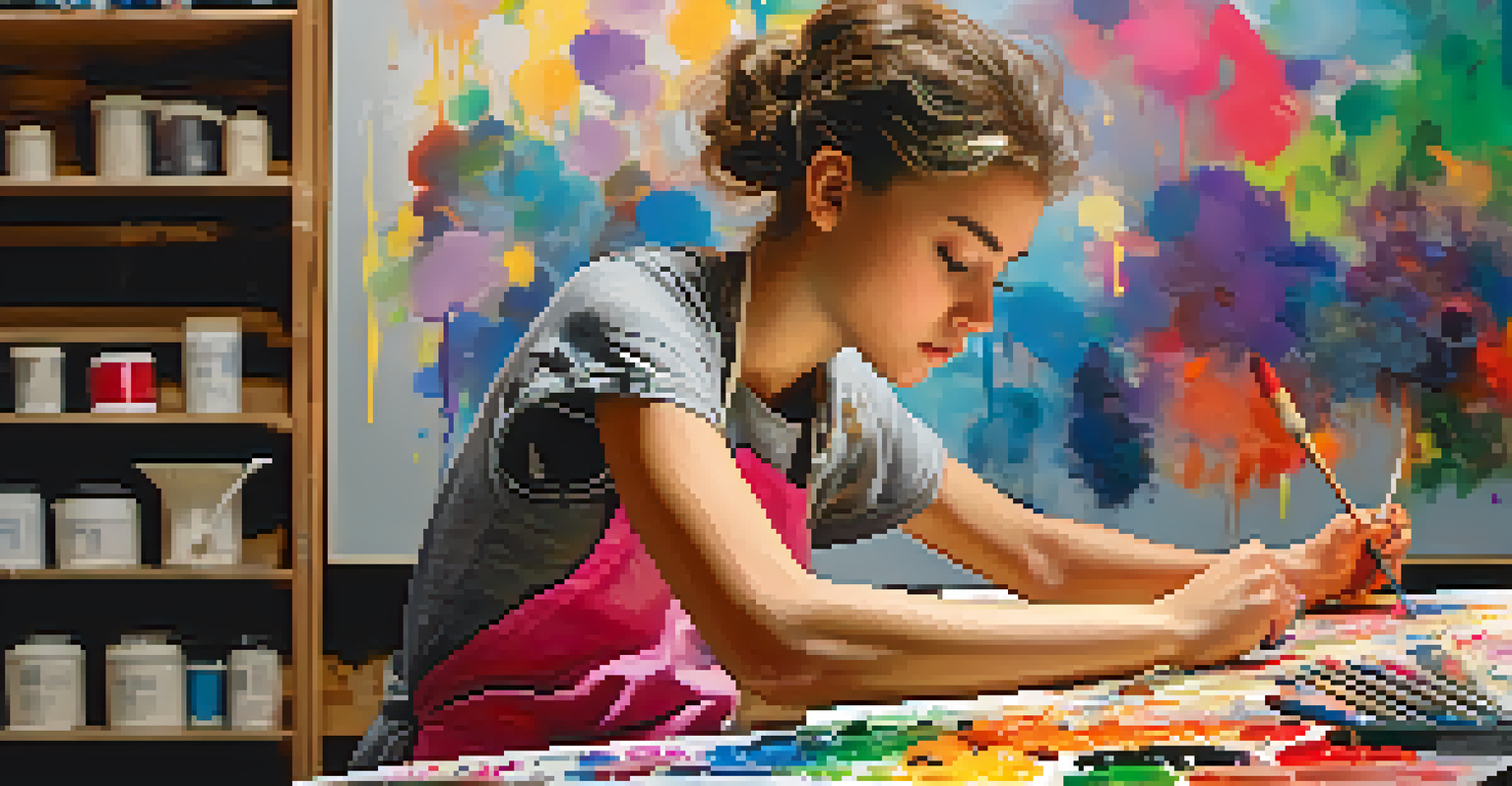 A teenage artist concentrating while painting on a canvas, surrounded by vibrant colors and art supplies.