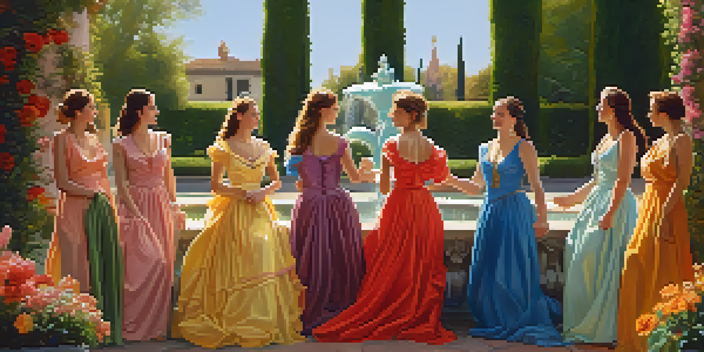 A group of women in Renaissance dresses having a discussion in a sunlit garden, surrounded by colorful flowers and a fountain.