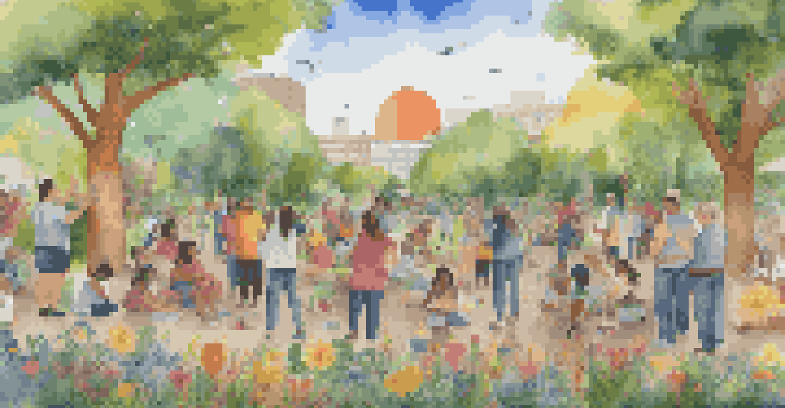 A diverse group of people painting a large mural in an outdoor park, depicting sacred symbols and nature themes, with trees and flowers around them.